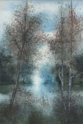 Gilles FIGUIER (XX) Paysage lacustre aux arbres