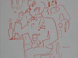 dessin représentant un groupe d'hommes assis à une table, un verre à la main