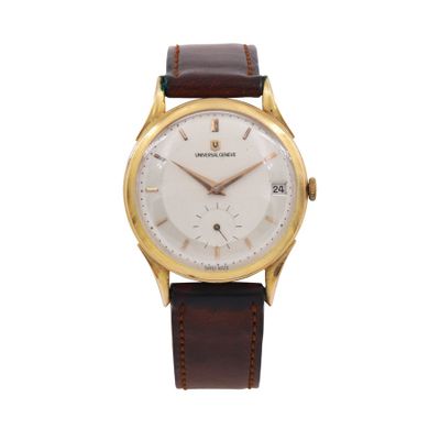 a close up of a watch on a white background with a brown strap