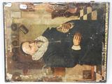 an old painting of a man holding a knife in his hand