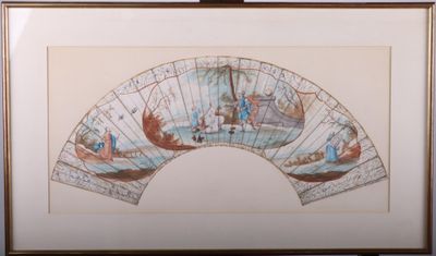 tableau représentant un éventail et des personnes dans un bateau sur un plan d'eau