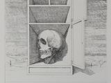 dessin au crayon représentant un crâne posé sur le rebord d'une fenêtre dont les portes sont ouvertes
