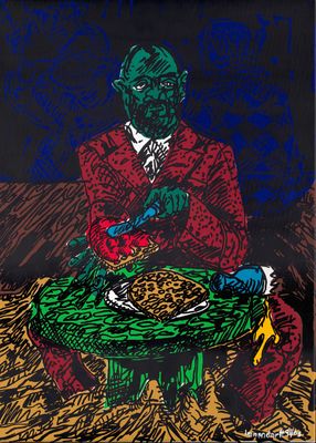 an image of a painting of a man in a suit sitting at a table