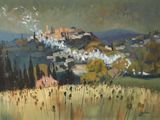 une peinture à l'huile représentant un paysage avec un village au loin