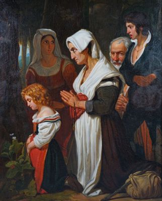 an image of a painting of a group of people in a forest