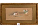 une image représentant un tableau où l'on voit une souris en train de poursuivre une autre souris avec une raquette de tennis