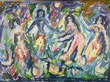 une peinture à l'huile représentant un groupe de personnes debout devant un tableau
