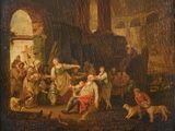 painting of a group of people in a barn with a dog and a cat