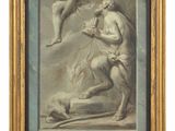 a painting of a man and a woman on a horse in a frame