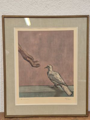 painting of a person reaching out to a bird on a table