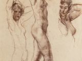 dessin représentant trois nus et un homme debout sur un lit