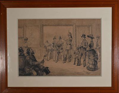 framed drawing of a group of people sitting in a room