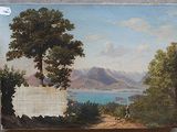 un tableau accroché au mur d'une maison, représentant un lac