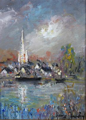 an oil painting of a church on a small island in the water
