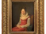 portrait of a woman in a red dress, seated in a gold frame