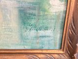 an oil painting of two swans swimming in a pond by a wooden table