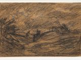 l'image d'un dessin d'un paysage avec des arbres au premier plan