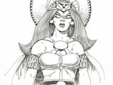 a black and white drawing of a woman with a hat on her head