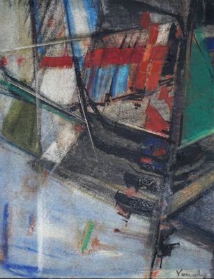 peinture abstraite représentant un bateau sur un plan d'eau, avec le ciel en arrière-plan
