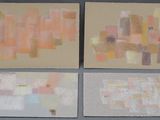 trois tableaux de couleurs différentes sont exposés sur une surface grise