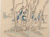 drawing of a group of people standing around a tree in a field
