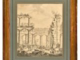 un dessin représentant un tableau de ruines avec des personnages au premier plan