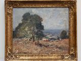 an image of a painting of a landscape with cows in the foreground