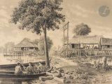 un dessin représentant un bateau sur l'eau avec des personnes à bord