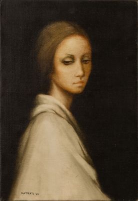 une peinture à l'huile représentant une femme portant un châle blanc