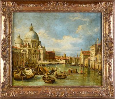 un tableau représentant une vue de Venise avec des gondoles et une église