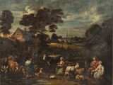 une image représentant un tableau où figurent un groupe de personnes et d'animaux