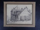 dessin représentant un vieux bâtiment avec un portail et une clôture