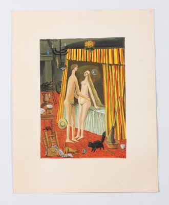 une image représentant un tableau montrant deux nus dans une chambre à coucher