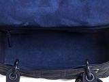 the back of a blue bag with a zipper on it