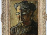 an oil painting of a woman in a hat and glasses