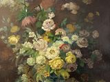 a painting of flowers in a vase on a table
