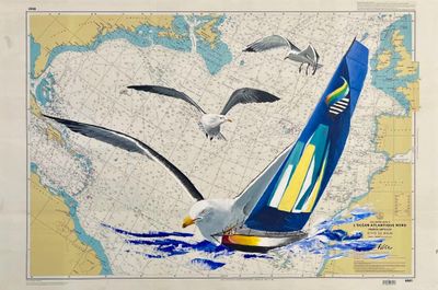 peinture représentant des mouettes survolant un voilier sur une carte