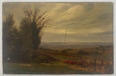 une image représentant un tableau représentant une vue d'un champ avec des arbres au premier plan