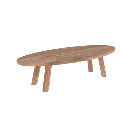 une table ovale en bois à trois pieds, avec un plateau en bois