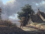 a painting of a man and a woman walking down a road