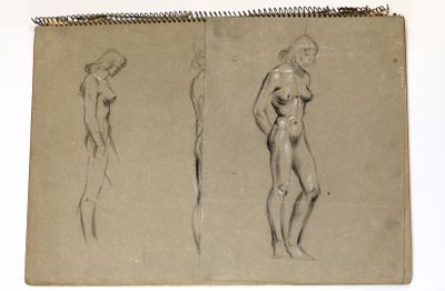 two drawings of a man and a woman standing next to each other