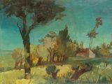 une image représentant un tableau représentant un champ avec des arbres et une maison