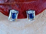 pair of blue sapphire and diamond earrings on a leaf