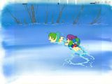 dessin représentant deux personnes sur une planche de surf dans l'eau