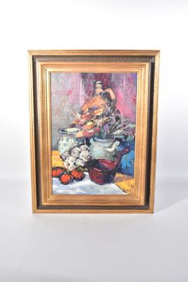 tableau représentant une femme assise sur une table, avec un bol de fruits devant elle
