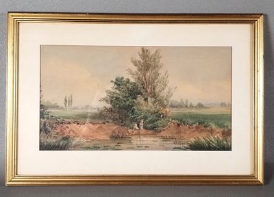 peinture d'un paysage avec une rivière et des arbres au premier plan