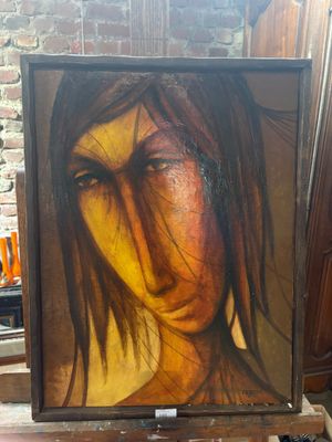an image of a painting of a woman with long hair in front of a brick wall