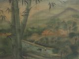 un tableau représentant un paysage avec des bambous et des vaches