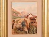 une image représentant un tableau représentant un paysage de montagne avec une maison en arrière-plan