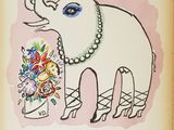 drawing of an elephant holding a bouquet of flowers in its trunk